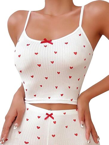 COZYEASE Women's Heart Print Spaghetti Strap Cami Top Slim Fit Bow Front Soft Crop Sleepwear in Saudi Arabia