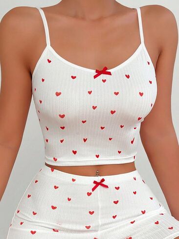 COZYEASE Women's Heart Print Spaghetti Strap Cami Top Slim Fit Bow Front Soft Crop Sleepwear in Saudi Arabia