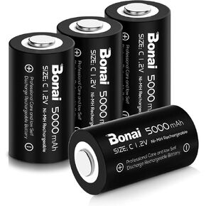 BONAI Rechargeable C Batteries 5,000mAh 1.2V Ni-MH High Capacity High Rate C Size Battery C Cell Rechargeable Batteries (8 Pack)