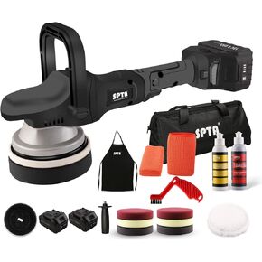 SPTA 18V Cordless Car Polisher, 15mm Orbit 2000-4800 OPM Portable Buffer Polisher with 7 Variable Speed 2Pcs 4.0Ah Battery, 6 Sponge Pads,2 Wool Pad, Tool Bag for Car Polishing, Waxing