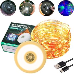 Camping String Lights, Outdoor String Lights 32.8Ft with 5 Lighting Modes, 2 in 1 Waterproof Portable Stowable Camping Lights, Type-C Rechargeable Outdoor Lights for Camping Yard Christmas Decoration