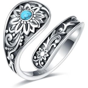 Sterling-Silver Sunflower Spoon Rings - Sunflower Turquoise Adjustable Ring Boho Victorian Vintage Flower Thumb Statement Rings Jewelry Gifts for Women