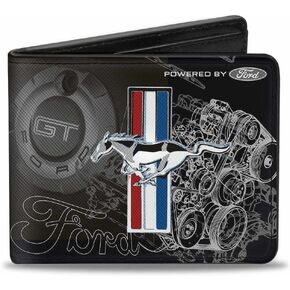 Buckle-Down Men's PU Bifold Wallet-Mustang Tri-Bar Stripe/GT Motor Blueprint, Multicolor, 4.0" x 3.5"