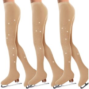 3 Pcs Figure Skating Tights Rhinestones Ice Skate Tights Tan Crystal Figure for Girls Women Skating Ballet Dance Kids