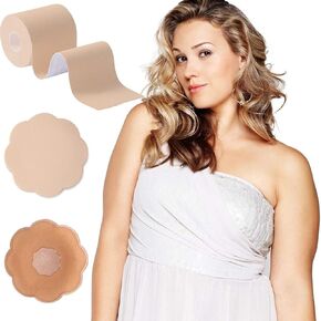 XL Boob Tape for Large Breasts, Breathable Boobytape for Breast Lift, Athletic Tape Breast Lift Tape with Reusable Nipplecover Adhesive Bra Beige