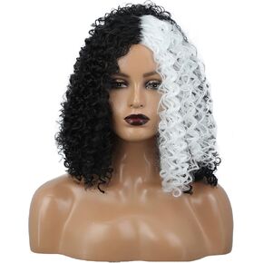 FVCENT Long Black Mixed White Curly Wigs Willa Wig Synthetic Afro Curly Wig Cosplay Halloween Party Costume Wig For Women Girls (Aldult)