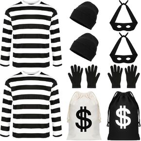 QZYL 12 PCS Robber Costume, Unisex Thief Cosplay Set T-Shirt Beanie Cap Gloves Eye Masks Money Bags for Halloween Costume