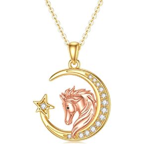 14K Real Gold Cat/Dog/Horse/Bear/Panda Necklace for Women Yellow Gold Cute Animal Necklace Jewelry Gift for Birthday Christmas Gold Chain 16"-18"