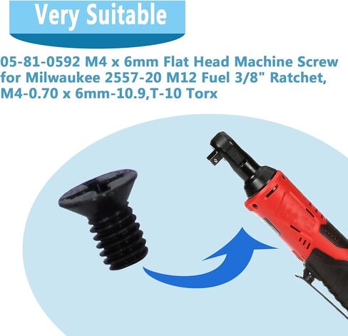 05-81-0592 M4 x 6mm Flat Head Machine Screw for Milwaukee 2557-20 M12 Fuel 3/8" Ratchet,M4-0.70 x 6mm-10.9,T-10 Torx-4Pcs (4 Pcs Black) in Kuwait