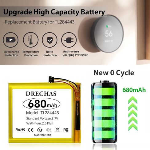 [680 مللي أمبير] بطارية لـ TL284443، 2024 بطارية بديلة جديدة مطورة عالية السعة من الليثيوم بوليمر لجهاز Nest Learning Thermostat الجيل الثاني والثالث، T3007ES، T3008US، T4000ES، A0013 مع أدوات إصلاح in Kuwait