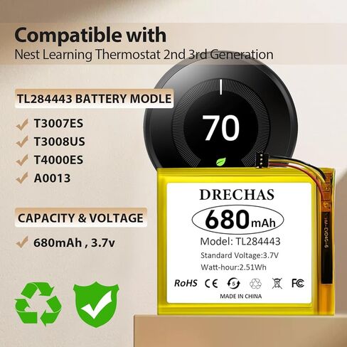 [680 مللي أمبير] بطارية لـ TL284443، 2024 بطارية بديلة جديدة مطورة عالية السعة من الليثيوم بوليمر لجهاز Nest Learning Thermostat الجيل الثاني والثالث، T3007ES، T3008US، T4000ES، A0013 مع أدوات إصلاح in Kuwait