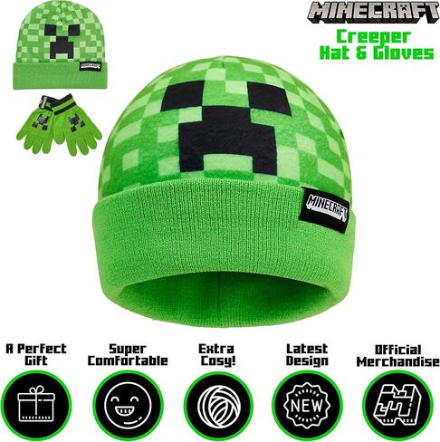Minecraft Beanie Hat or Beanie and Kids Gloves Set - Creeper Kids Winter Set Warm Winter Hat - Gaming Gifts for Boys in Saudi Arabia