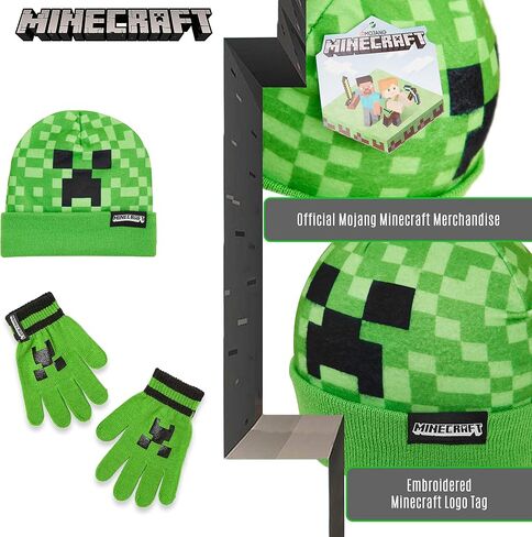 Minecraft Beanie Hat or Beanie and Kids Gloves Set - Creeper Kids Winter Set Warm Winter Hat - Gaming Gifts for Boys in Saudi Arabia