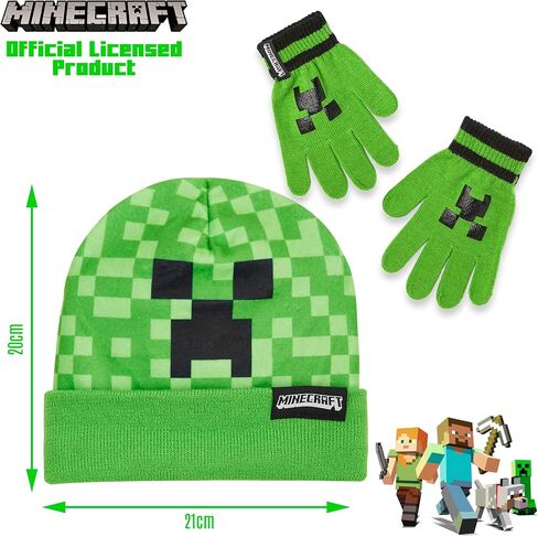 Minecraft Beanie Hat or Beanie and Kids Gloves Set - Creeper Kids Winter Set Warm Winter Hat - Gaming Gifts for Boys in Saudi Arabia