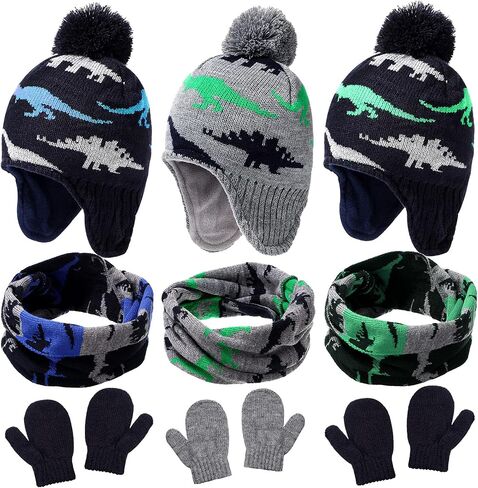 9 Pieces Baby Winter Hat Scarf Mittens Set Including Pompom Dinosaur Beanie Knitted Toddler Gloves Warm Fleece Scarf in Saudi Arabia