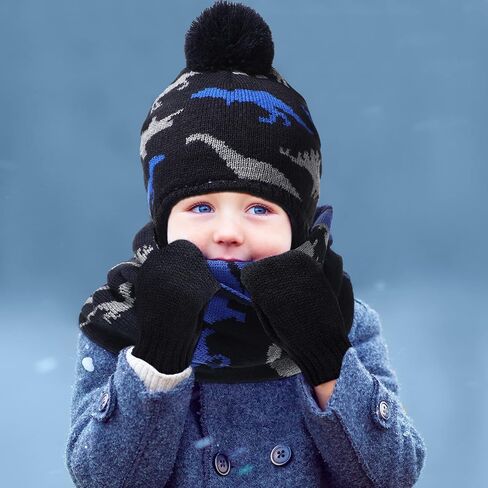 9 Pieces Baby Winter Hat Scarf Mittens Set Including Pompom Dinosaur Beanie Knitted Toddler Gloves Warm Fleece Scarf in Saudi Arabia
