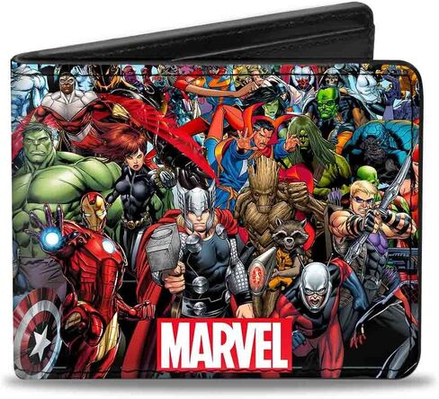 محفظة Buckle-Down الرجالية من البولي يوريثان ثنائية الطي - صورة/شعار Marvel Universe Heroes & Villains، متعددة الألوان، 4.0 × 3.5 بوصة in Saudi Arabia