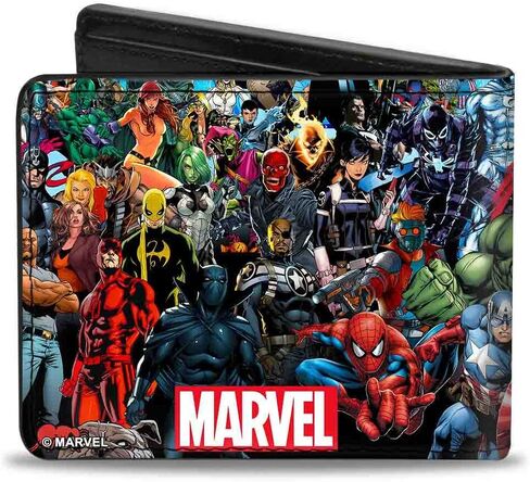 محفظة Buckle-Down الرجالية من البولي يوريثان ثنائية الطي - صورة/شعار Marvel Universe Heroes & Villains، متعددة الألوان، 4.0 × 3.5 بوصة in Saudi Arabia