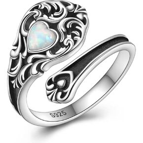 Sterling Silver Opal Turquoise Spoon Ring - S925 Victorian Vintage Flower Antique Open Adjustable Thumb Ring for Women