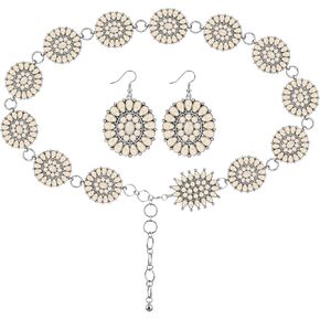 White Turquoise Concho Chain Belt Metal Western Waist Belts for Women Boho Belt Turquoise Drop Earrings