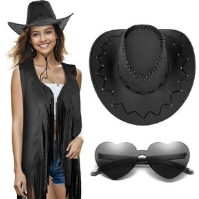 Women Tassel Fringe Vest 70s Hippie Faux Suede Sleeveless Jacket Outfits with Cowboy Hat and Heart-Shaped Sunglasses