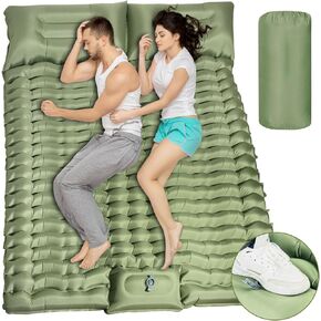 Camping Double Sleeping Pad - Fast 60s Foot Pump Inflatable Air Mattress, Ultralight Durable Ergonomic Egg-Shaped Mat, Built-in Pillow, Ideal for Backpacking