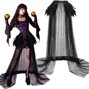 Tulle Maxi Witch Evil Devil Feather Skirt Gothic Mesh Long Tutu Skirts for Women Halloween Costume Party