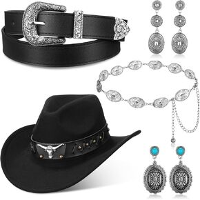 5 Pcs Western Cowgirl Accessories Felt Hat Waist Belt Chain Belt Dangle Earrings for Women Bachelorette Cosplay