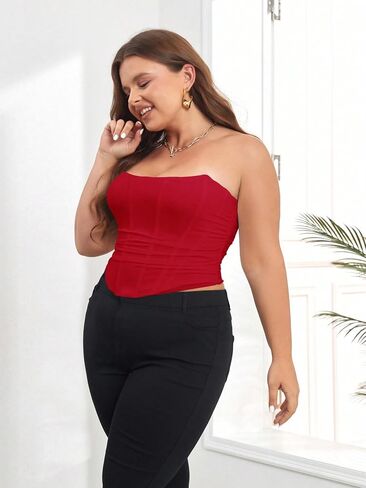 SOLY HUX Women's Plus Size Lace up Overbust Bandeau Corset Top Strapless Shapewear Bustier Tube Tops in Saudi Arabia