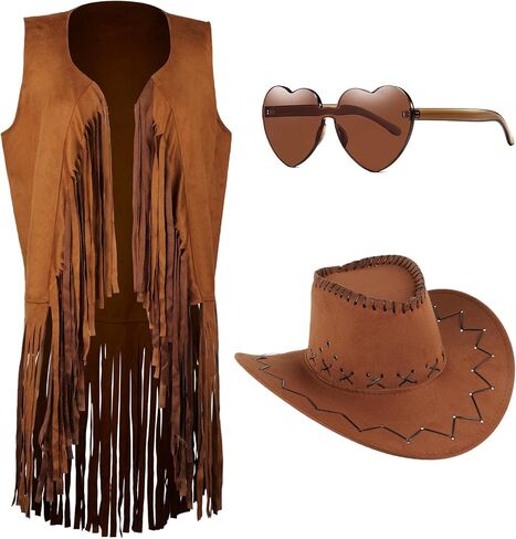Women Tassel Fringe Vest 70s Hippie Faux Suede Sleeveless Jacket Outfits with Cowboy Hat and Heart-Shaped Sunglasses in Saudi Arabia