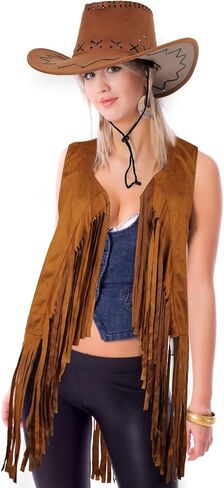 Women Tassel Fringe Vest 70s Hippie Faux Suede Sleeveless Jacket Outfits with Cowboy Hat and Heart-Shaped Sunglasses in Saudi Arabia