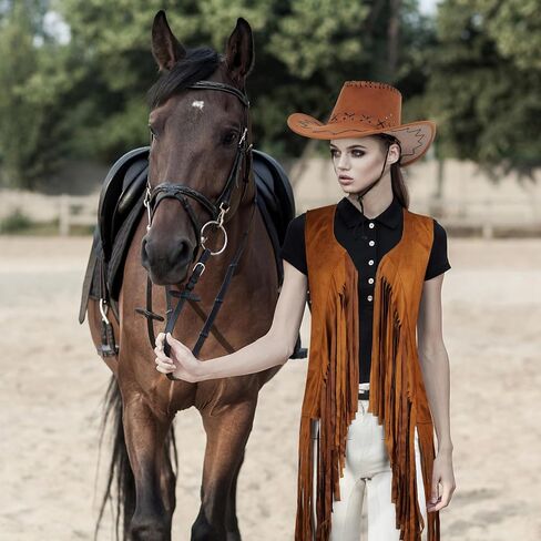 Women Tassel Fringe Vest 70s Hippie Faux Suede Sleeveless Jacket Outfits with Cowboy Hat and Heart-Shaped Sunglasses in Saudi Arabia