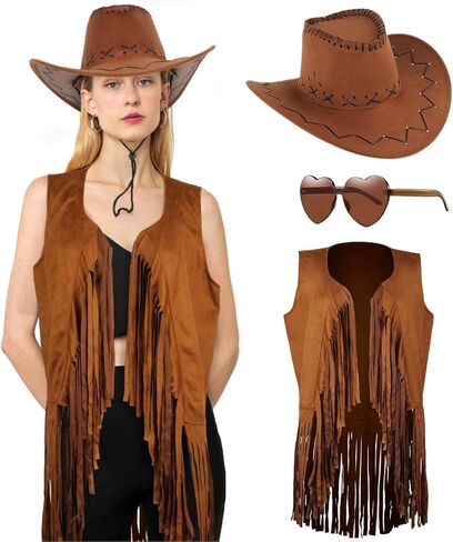 Women Tassel Fringe Vest 70s Hippie Faux Suede Sleeveless Jacket Outfits with Cowboy Hat and Heart-Shaped Sunglasses in Saudi Arabia