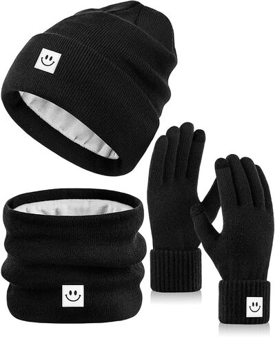 Winter Smiley Face Beanie Hat Scarf Gloves Set Women Men,Cute Hats Fashionable Warm Neck Warmer Touchscreen Gloves Sets in Saudi Arabia