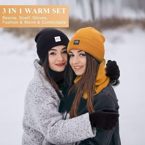Winter Smiley Face Beanie Hat Scarf Gloves Set Women Men,Cute Hats Fashionable Warm Neck Warmer Touchscreen Gloves Sets in Saudi Arabia