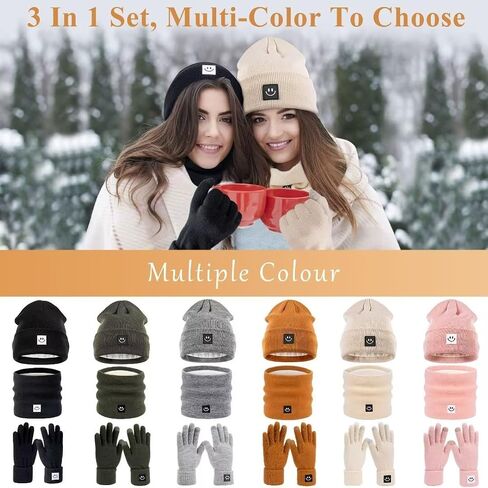Winter Smiley Face Beanie Hat Scarf Gloves Set Women Men,Cute Hats Fashionable Warm Neck Warmer Touchscreen Gloves Sets in Saudi Arabia