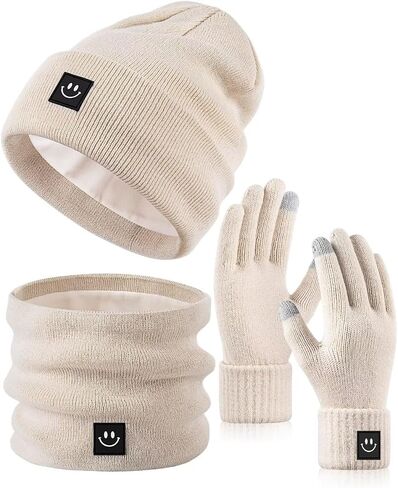 Winter Smiley Face Beanie Hat Scarf Gloves Set Women Men,Cute Hats Fashionable Warm Neck Warmer Touchscreen Gloves Sets in Saudi Arabia