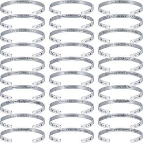 MTLEE 30 Pcs Inspirational Bracelets for Women Cuff Bracelets Silver Personalized Cuff Bangles 30 Different Hidden Message