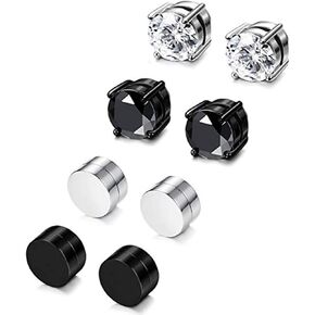 4 Pairs Stainless Steel Magnetic Stud Earrings for Men Women Non Piercing Clip on CZ Earrings 6MM