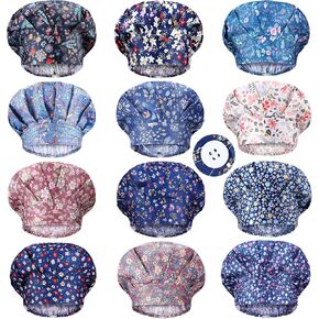 Geyoga 12 Pieces Bouffant Caps for Women Adjustable Tie Back Hats with Button and Sweatband Printed Caps for Men Women