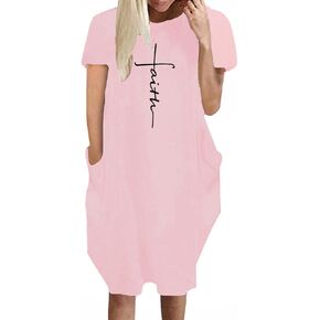 Faith Printed Oversize Short Sleeve Causal T-Shirt Dresses with Pockets for Women