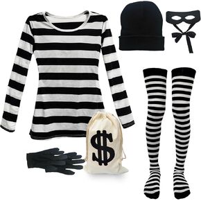 Women's Robber Costume Set Cosplay Thief Accessories for Halloween Party Black and White Striped Knit Beanie Cap