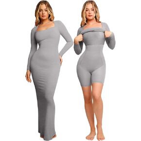 Popilush Shapewear Dress Long Sleeve Maxi Dress for Women Fall Tummy Control Dresses with Built in Bra