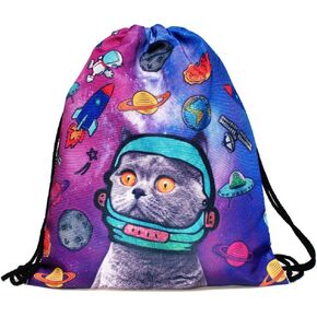 Van Caro 3D Galaxy Cat Drawstring Backpack Light Cinch Bag Gym Sack String Bag for Shopping Sport Yoga One Size