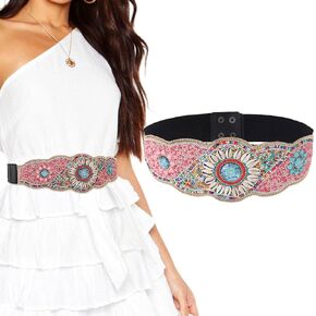 Urieo Bohemian Ethnic Stretchy Beaded Belts Shell Black Wide Elastic Bead Belt Tassel Dress Waist Cinch Belt for Women