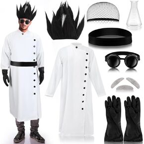 Jiuguva 9 Pcs Halloween Mad Scientist Costume for Adult Men including Coat Belt Cups Gloves Goggles Wig Mustache Eyebrows