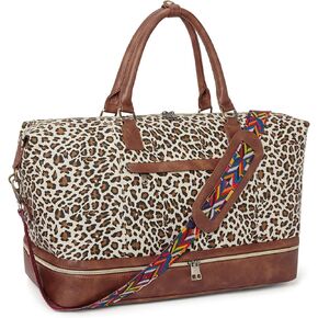 CLUCI Weekender Bags for Women Duffle Bag Personal Item Travel Canvas Overnight Bags Carry On Tote with Shoe Compartment Beige with Brown