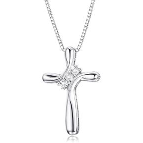 FUNRUN JEWELRY 925 Sterling Silver Cross Necklace for Women 3 Stone Cubic Zirconia Silver Cross Pendant Necklaces with 1 MM Box Chain,18 Inches