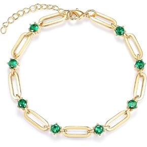 14K Gold Plated Paperclip Bracelet for Women Couple Bracelets with CZ Chain Strand Jewelry Gift for Men