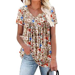 Women's Summer Short Sleeve Tunic Plus size ladies shirts Floral Blouse Loose Flowy Tops for Leggings M-4XL